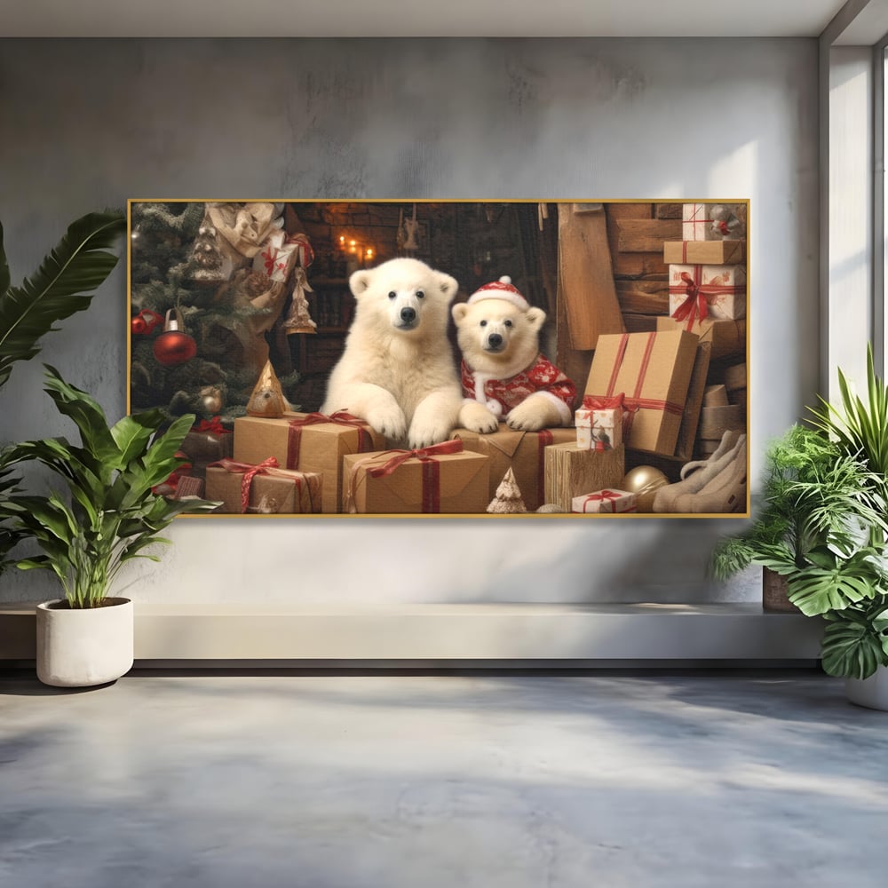 Tablou canvas cu doi ursuleti polari printre cadouri de craciun, in rama de aluminiu auriu